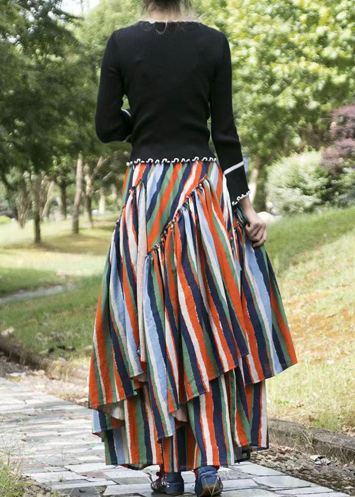 Organic Striped Wrinkled Asymmetrical Layered Patchwork Cotton Skirts Fall