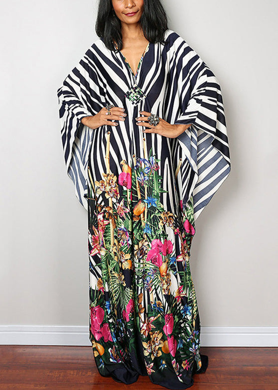 Organic V Neck Striped Patchwork Print Maxi Dress Batwing Sleeve