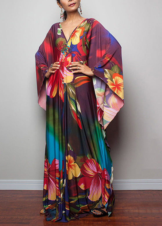 Organic V Neck Striped Patchwork Print Maxi Dress Batwing Sleeve