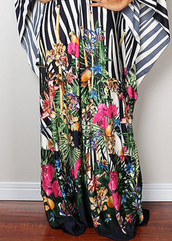 Organic V Neck Striped Patchwork Print Maxi Dress Batwing Sleeve