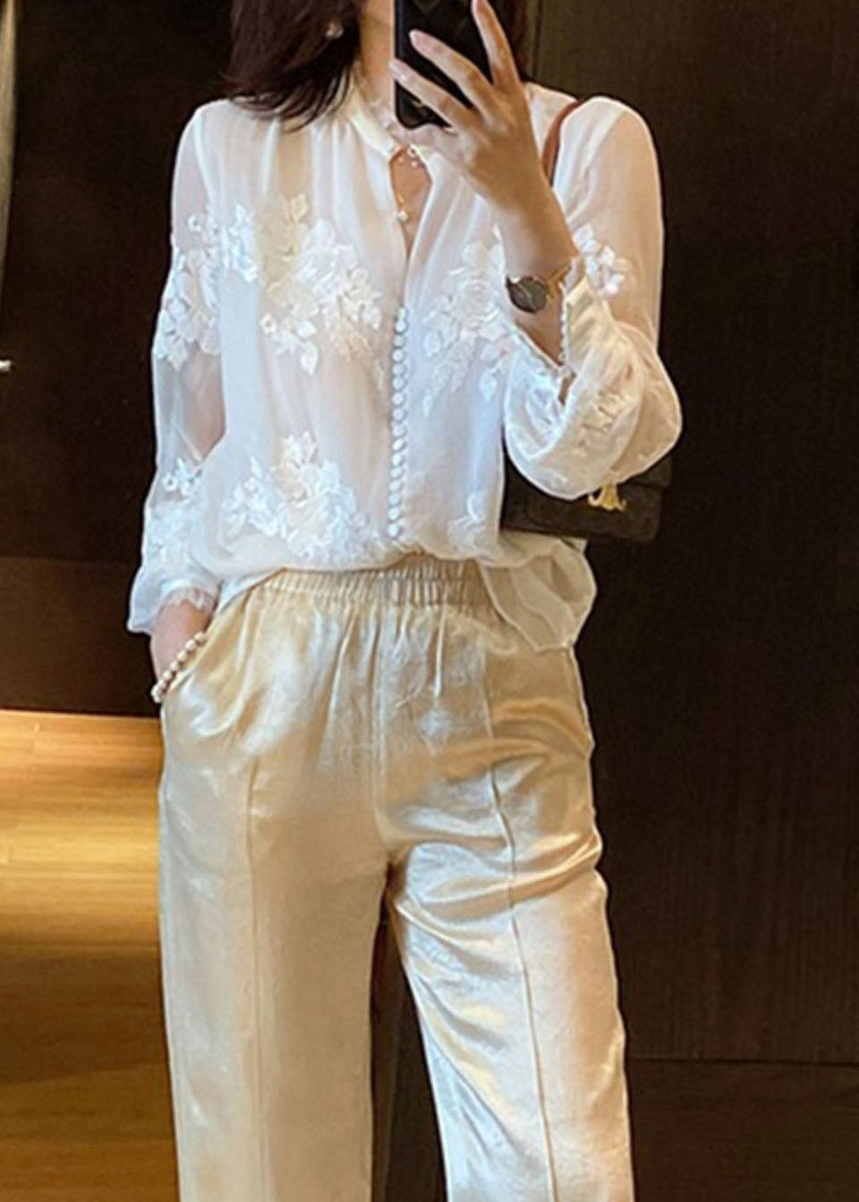Organic White Embroidered Patchwork Silk Shirt Top Spring