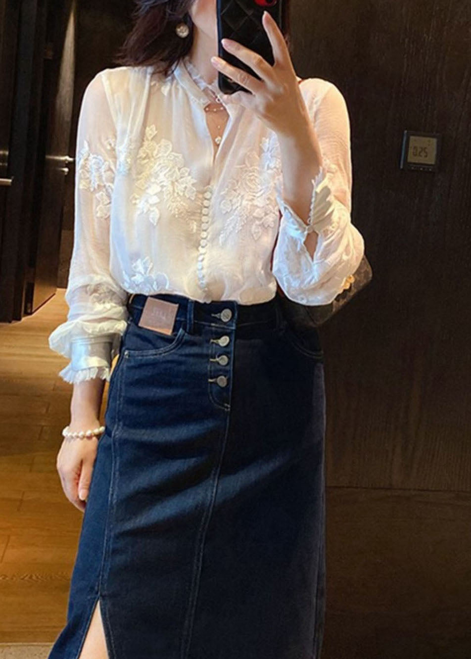 Organic White Embroidered Patchwork Silk Shirt Top Spring