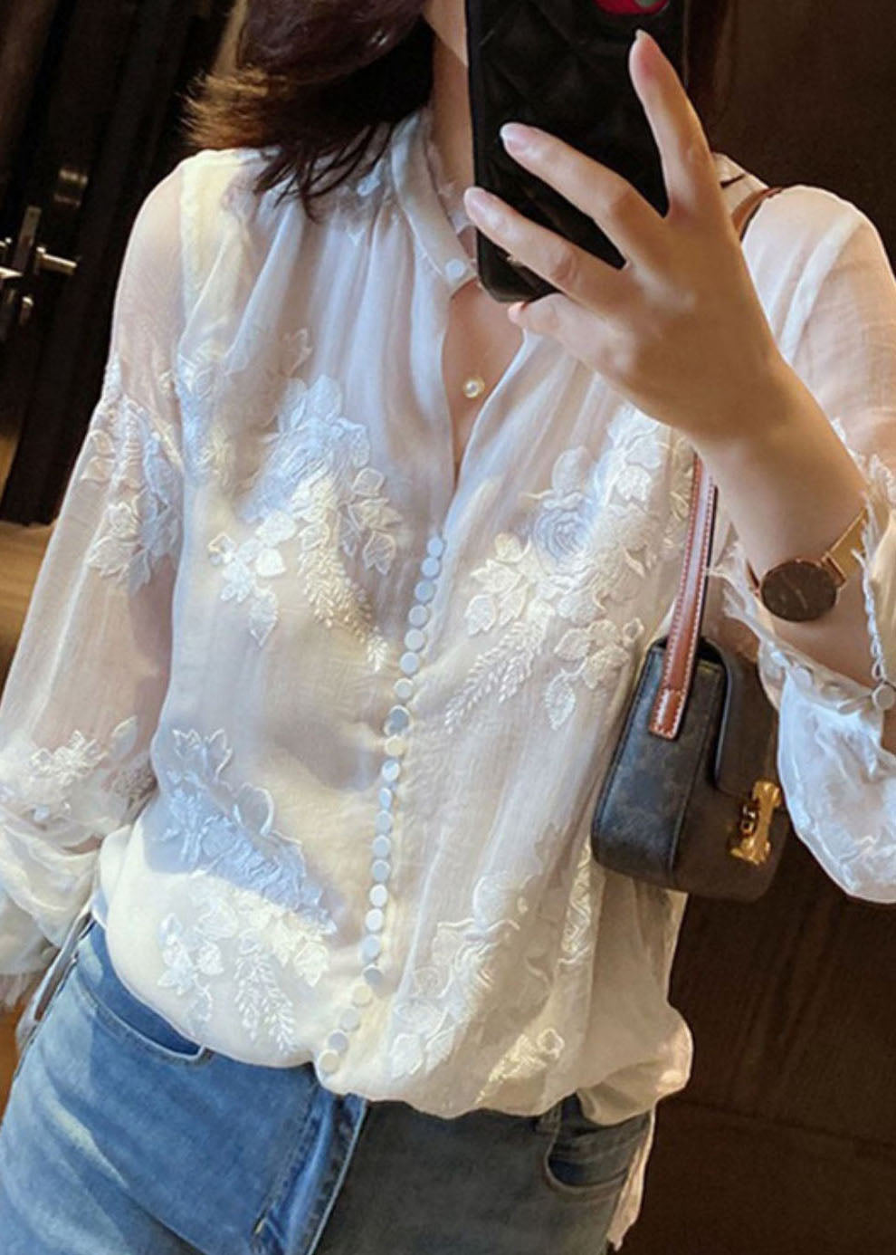 Organic White Embroidered Patchwork Silk Shirt Top Spring
