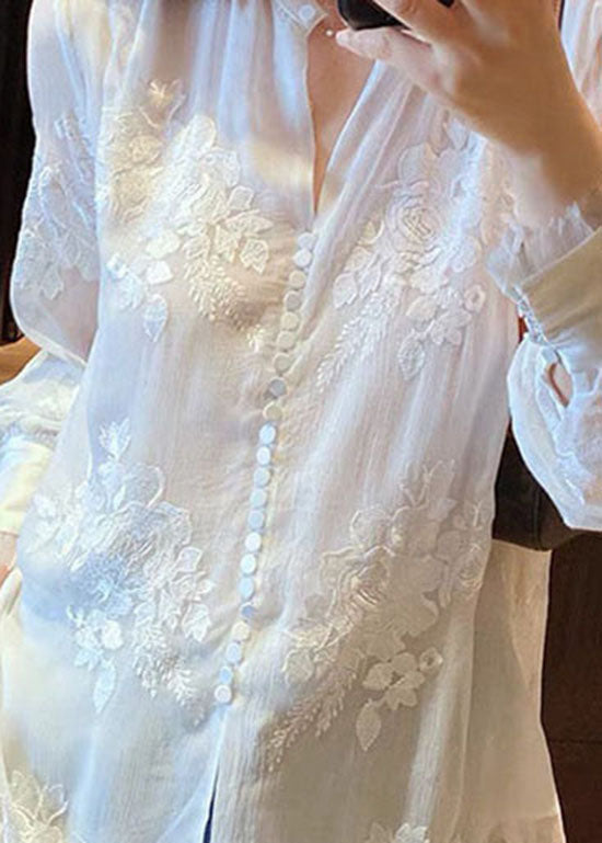 Organic White Embroidered Patchwork Silk Shirt Top Spring