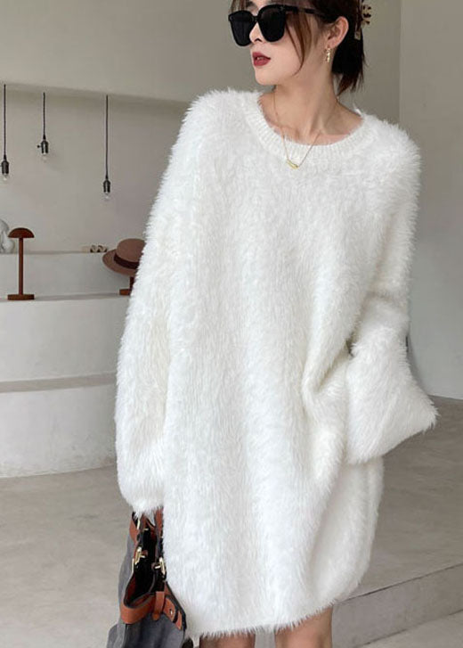 Organic White V Neck Mink Hair Knitted Sweater Dress Winter