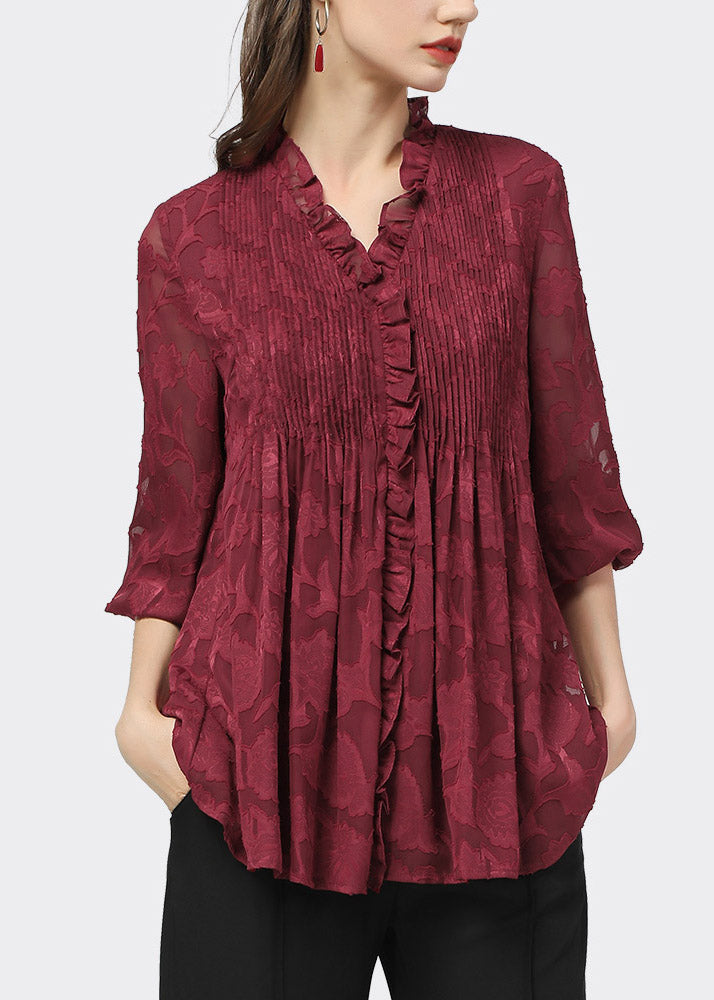 Organic Wine Red V Neck Print Ruffled Chiffon Shirt Long Sleeve