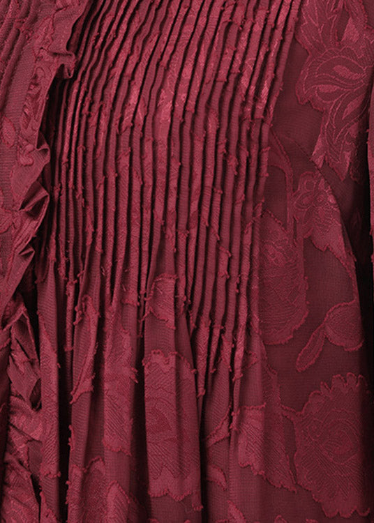 Organic Wine Red V Neck Print Ruffled Chiffon Shirt Long Sleeve