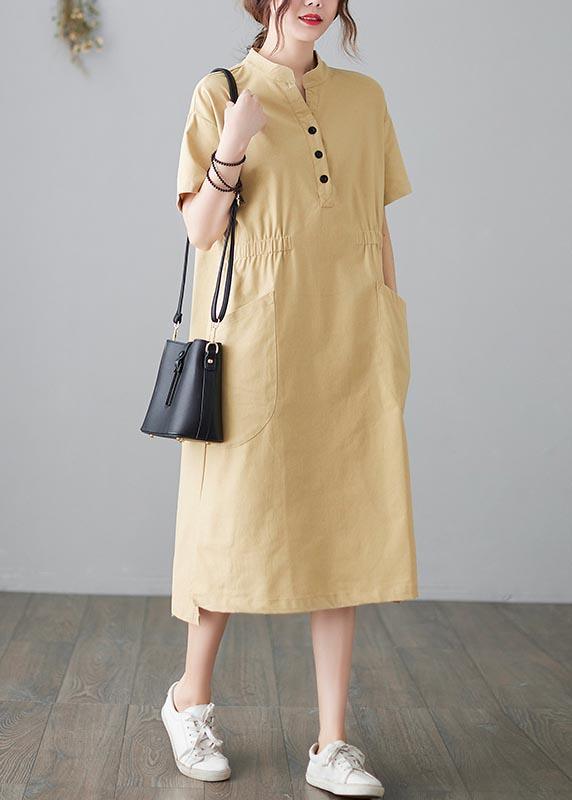 Organic Yellow Cinched Pockets Summer Cotton Dress - Omychic