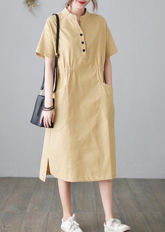 Organic Yellow Cinched Pockets Summer Cotton Dress - Omychic