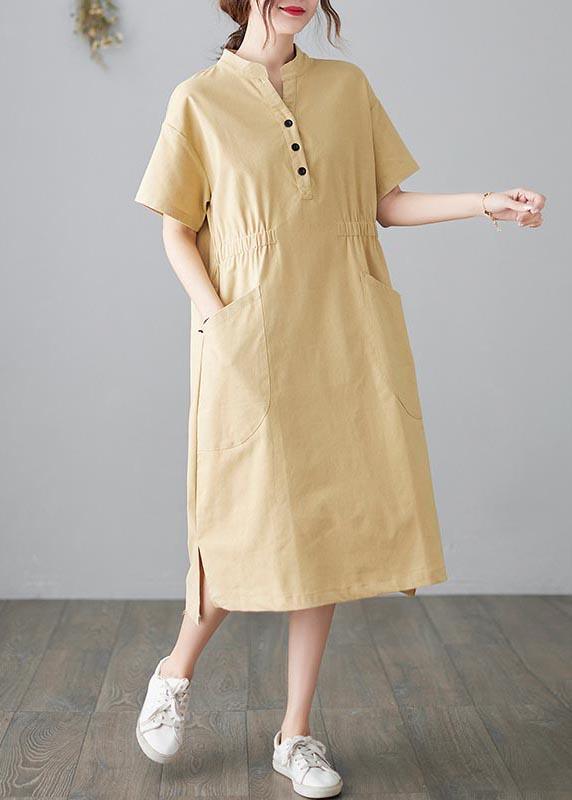 Organic Yellow Cinched Pockets Summer Cotton Dress - Omychic