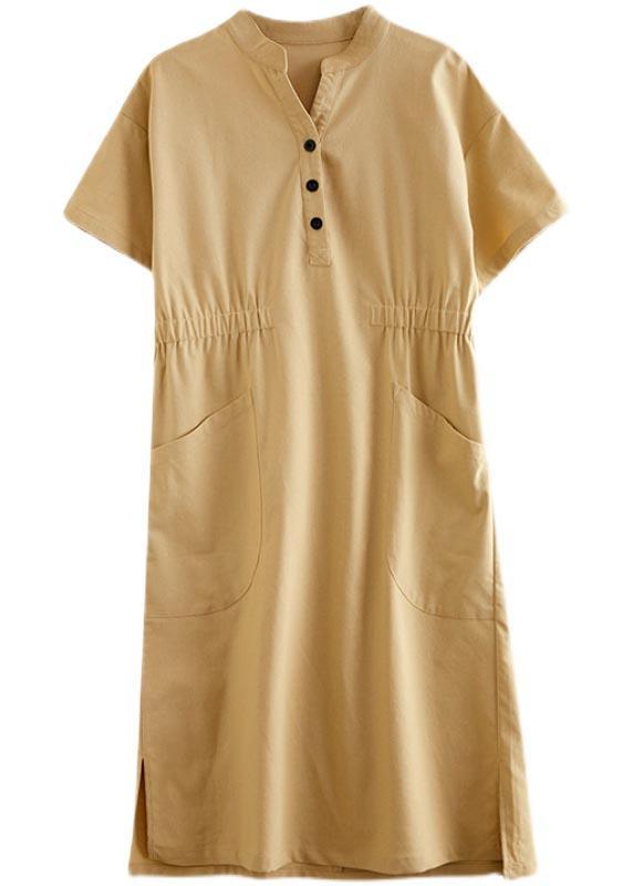 Organic Yellow Cinched Pockets Summer Cotton Dress - Omychic