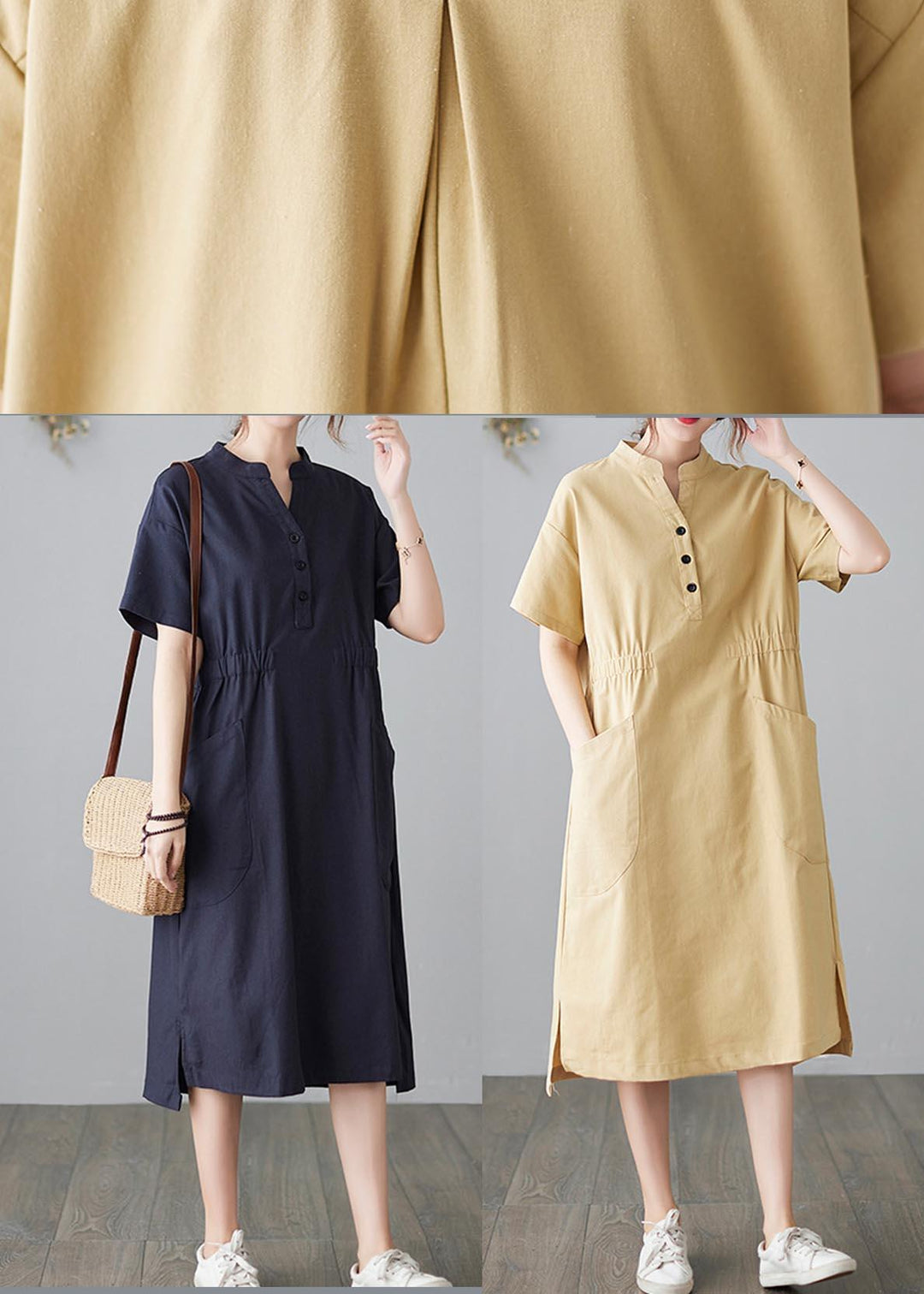 Organic Yellow Cinched Pockets Summer Cotton Dress - Omychic