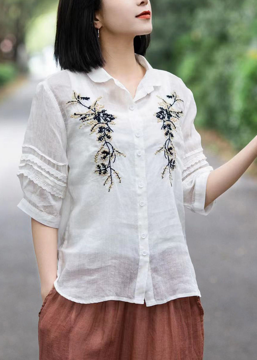 Organic Yellow Embroideried Lace Patchwork Ramie Shirts Fall