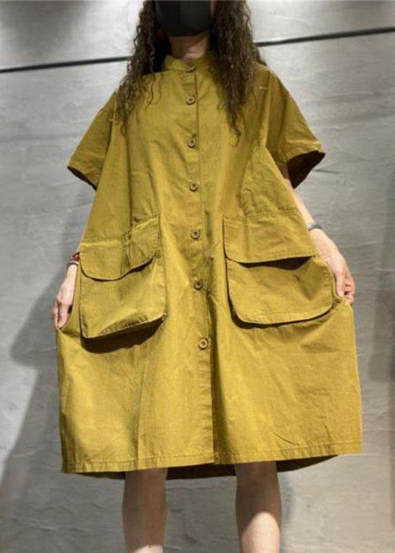 Organic Yellow Loose Button Pockets Fall Half Sleeve Maxi Dress - Omychic