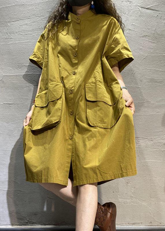 Organic Yellow Loose Button Pockets Fall Half Sleeve Maxi Dress - Omychic