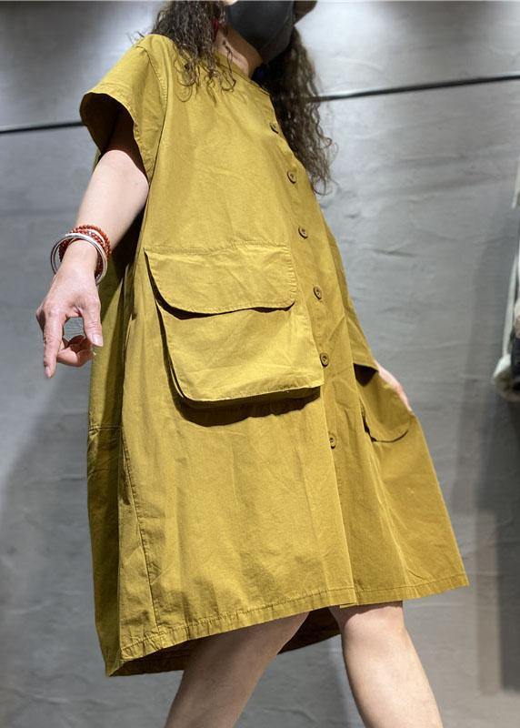 Organic Yellow Loose Button Pockets Fall Half Sleeve Maxi Dress - Omychic