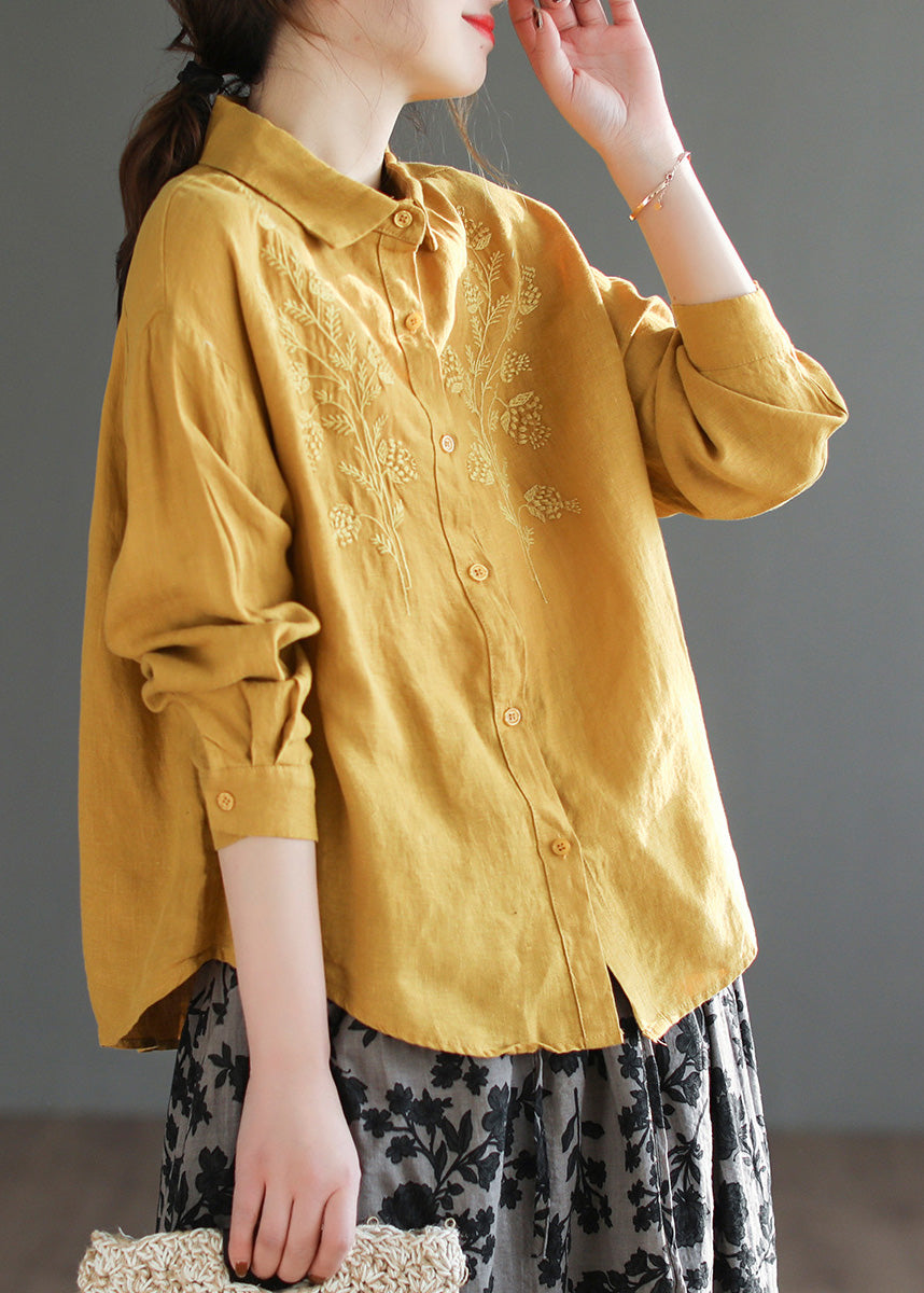 Organic Yellow Peter Pan Collar Embroideried Button Linen Shirts Long Sleeve