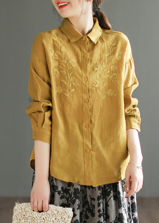Organic Yellow Peter Pan Collar Embroideried Button Linen Shirts Long Sleeve