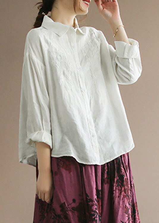 Organic Yellow Peter Pan Collar Embroideried Button Linen Shirts Long Sleeve