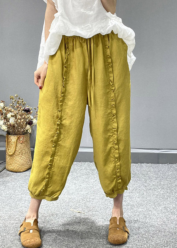 Organic Yellow Ruffled Pockets Linen Crop Pants Summer