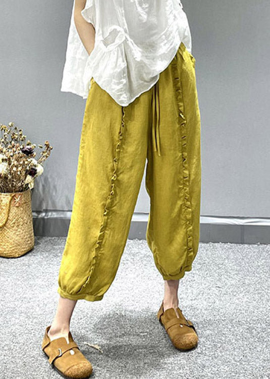 Organic Yellow Ruffled Pockets Linen Crop Pants Summer