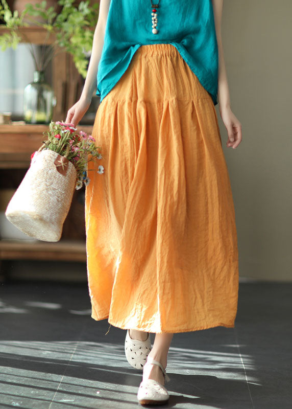Organic Yellow Wrinkled Elastic Waist Patchwork Linen Skirts Summer