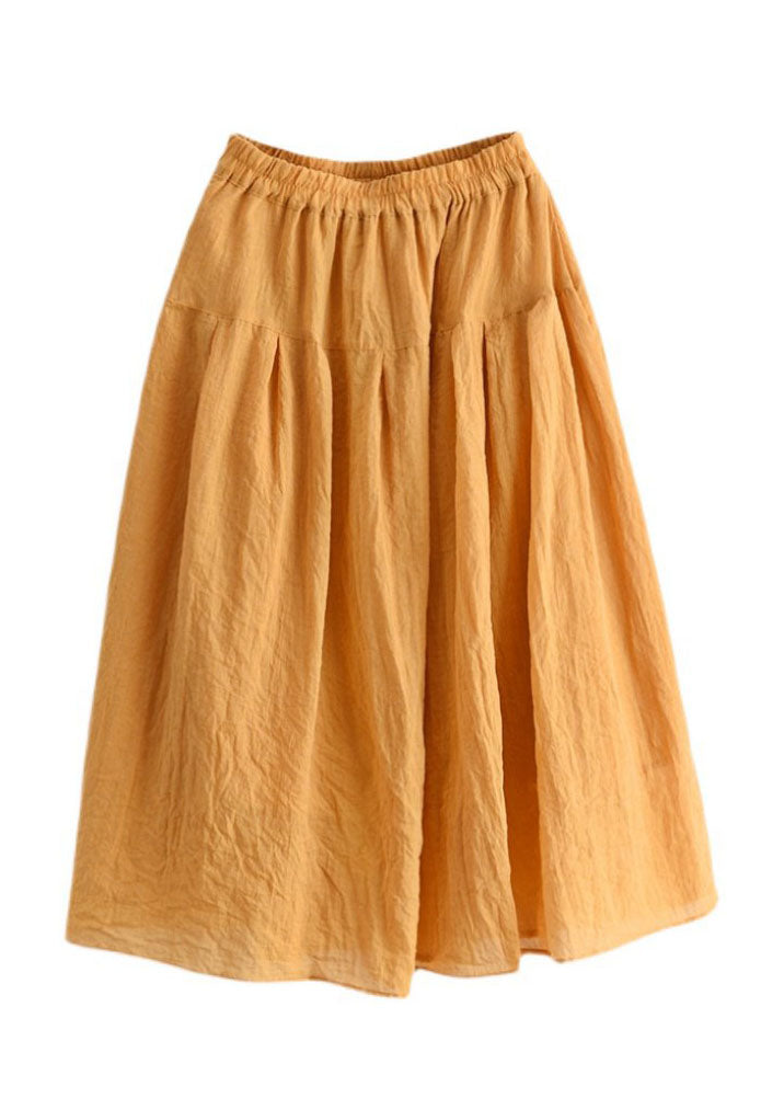 Organic Yellow Wrinkled Elastic Waist Patchwork Linen Skirts Summer