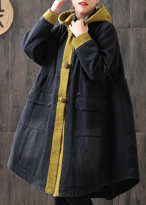 Organic Yellow hooded Button Pockets Patchwork Winter Cotton Long sleeve Coat - Omychic