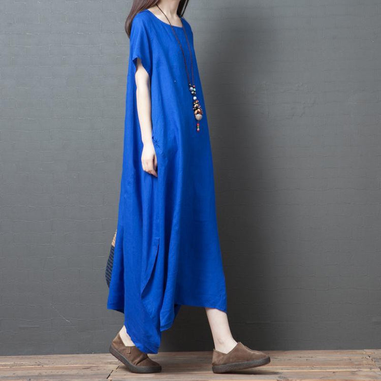 Organic asymmetric hem cotton clothes Catwalk blue Maxi Dress summer - Omychic