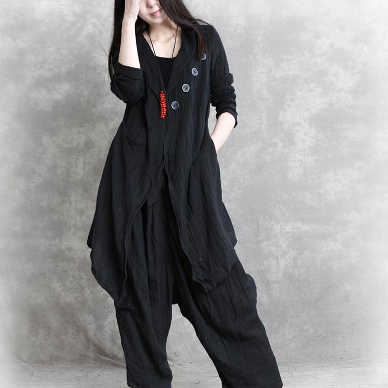 Organic asymmetric linen clothes design black top fall - Omychic