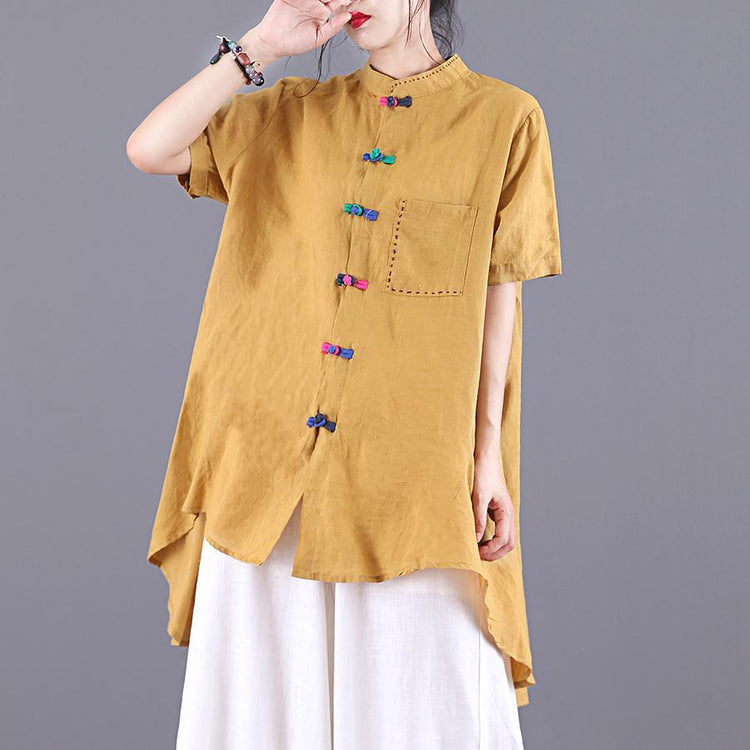 Organic asymmetric stand collar linen clothes For Women Shape yellow tops summer - Omychic