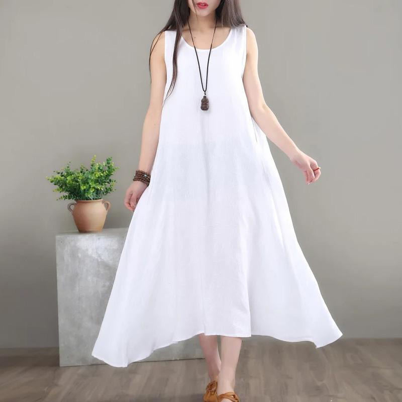Organic big hem cotton Tunics design white A Line Dress sleeveless summer - Omychic
