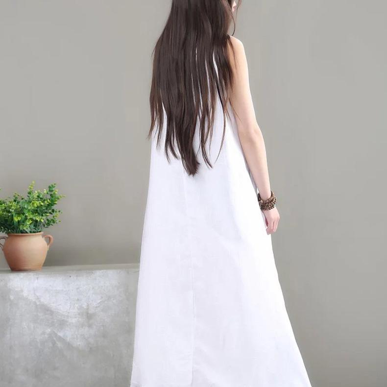 Organic big hem cotton Tunics design white A Line Dress sleeveless summer - Omychic