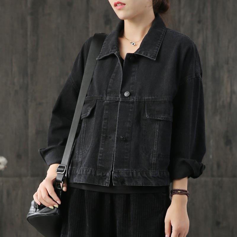 Organic black cotton tunic pattern denim hooded Midi fall short coats - Omychic
