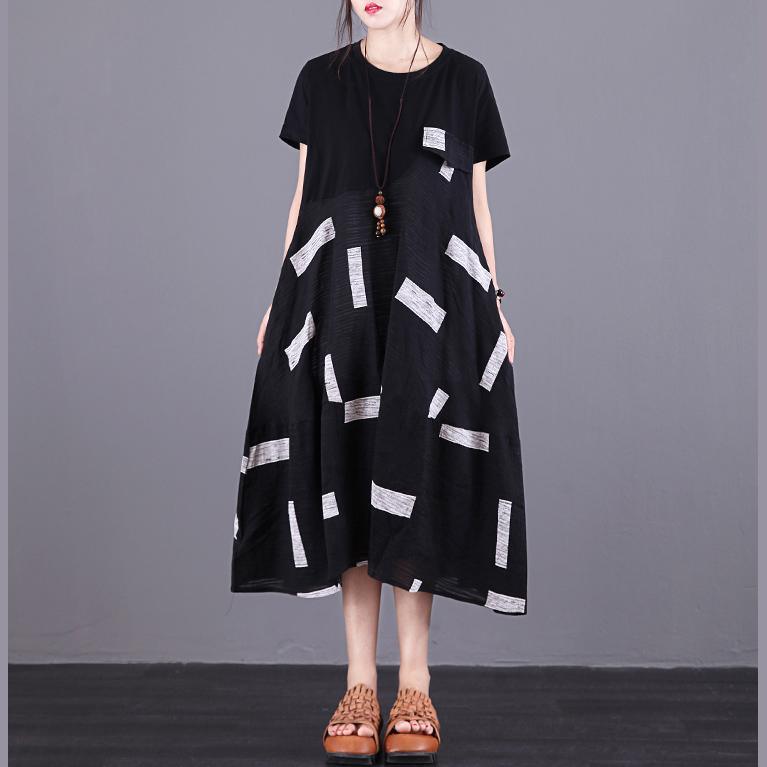Organic black linen clothes For Women o neck patchwork Kaftan summer Dresses - Omychic