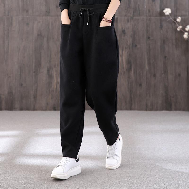 Organic black pants stylish drawstring elastic waist Outfits women trousers - Omychic