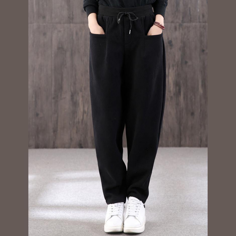 Organic black pants stylish drawstring elastic waist Outfits women trousers - Omychic