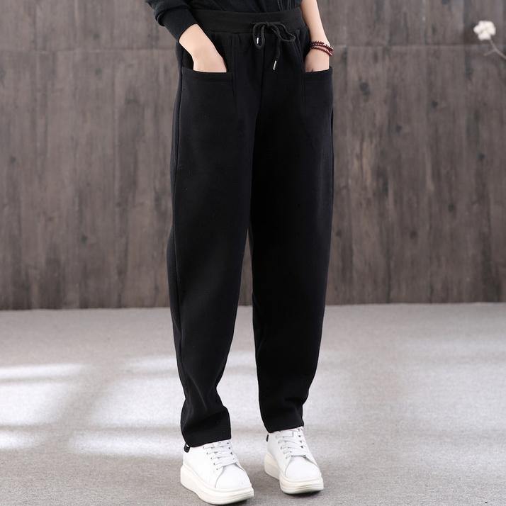 Organic black pants stylish drawstring elastic waist Outfits women trousers - Omychic