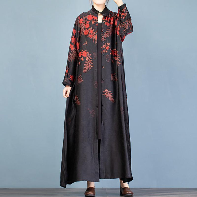 Organic black print top quality Long coats pattern stand collar side open cardigan - Omychic