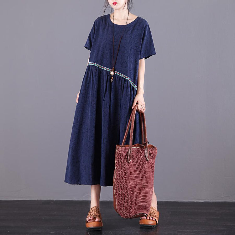 Organic blue Jacquard linen Robes o neck patchwork Maxi summer Dress - Omychic