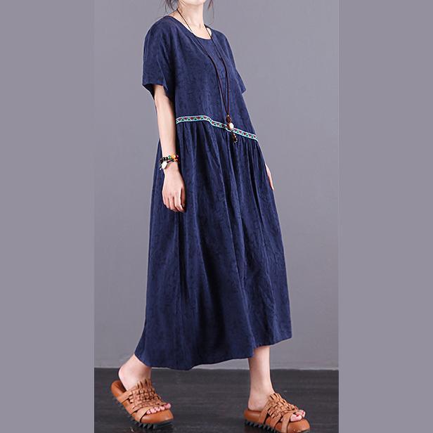 Organic blue Jacquard linen Robes o neck patchwork Maxi summer Dress - Omychic