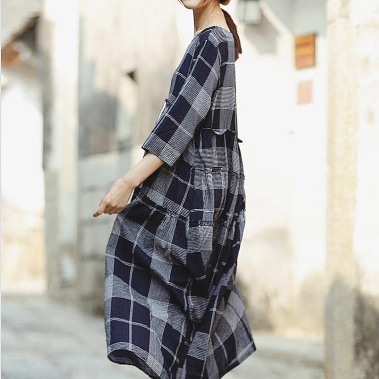 Organic blue Plaid linen quilting dresses Plus Size Runway o neck asymmetric Plus Size Clothing Summer Dress - Omychic