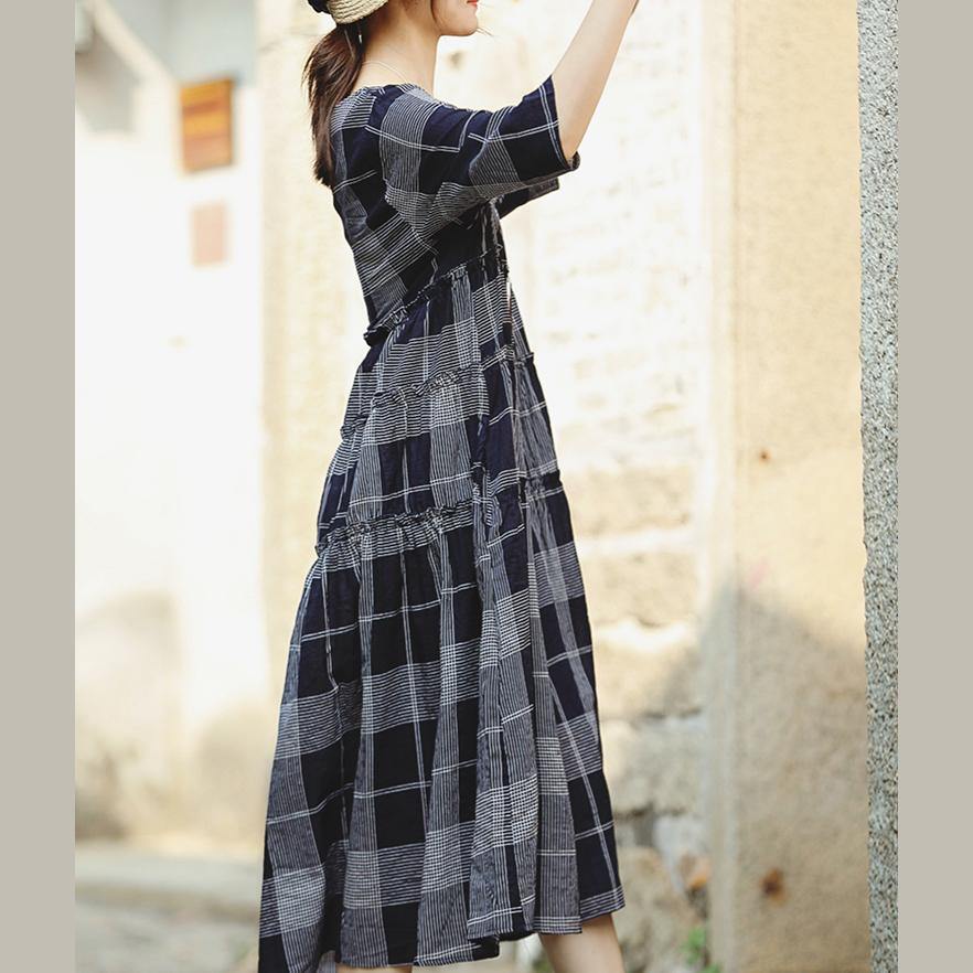 Organic blue Plaid linen quilting dresses Plus Size Runway o neck asymmetric Plus Size Clothing Summer Dress - Omychic