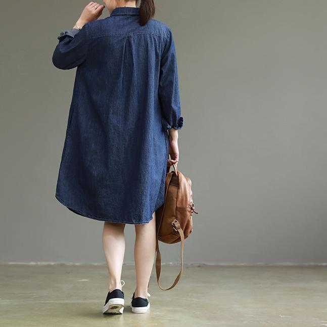 Organic blue linen cotton dresses Korea design lapel Large pockets oversized spring Dress - Omychic