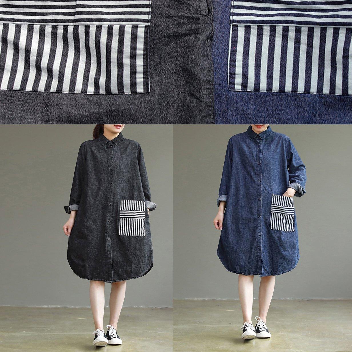 Organic blue linen cotton dresses Korea design lapel Large pockets oversized spring Dress - Omychic