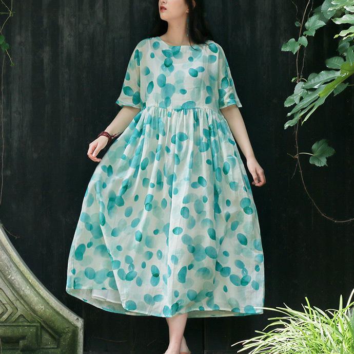 Organic blue print linen Robes Vintage Photography o neck pockets Maxi Summer Dress - Omychic