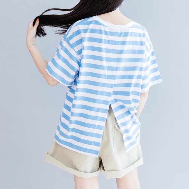 Organic blue striped cotton tunic top o neck back side open tunic summer shirt - Omychic