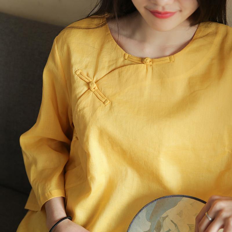 Organic bracelet sleeved cotton linen Long Shirts yellow daily shirt Summer - Omychic