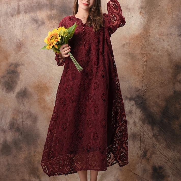 Organic burgundy lace Tunic Drops Design Fashion Ideas v neck false two pieces Maxi spring Dresses - Omychic
