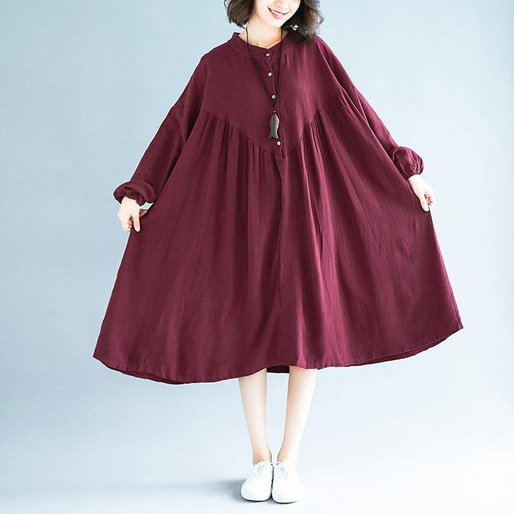 Organic burgundy linen clothes For Women Fashion Ideas stand collar exra large hem Dress - Omychic